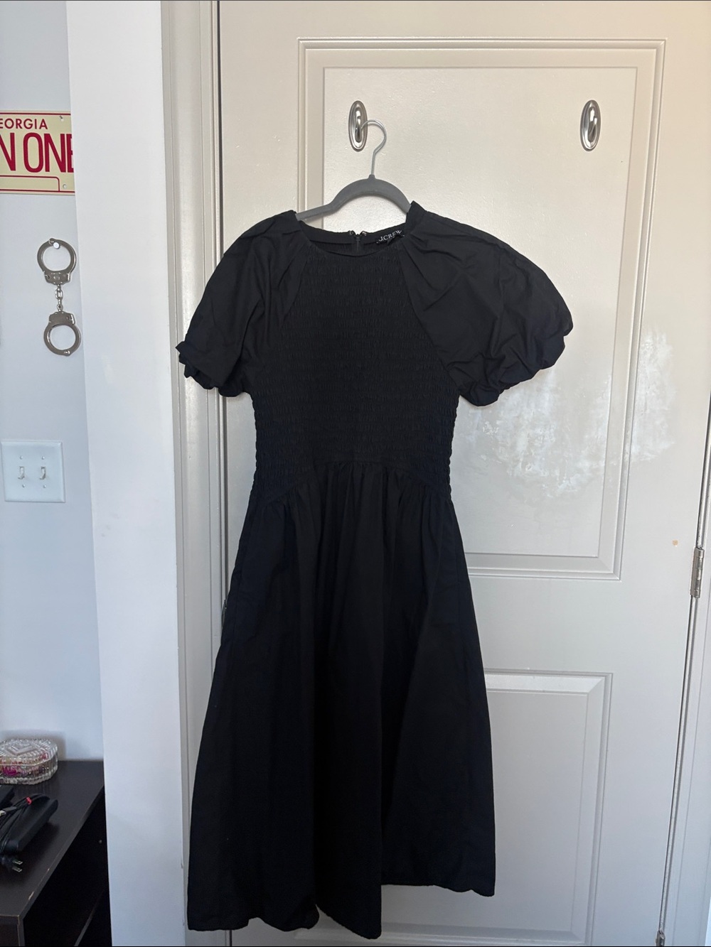 J. Crew Black Puff-Sleeve Smocked Midi Dress